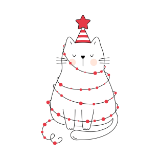 Cozy Christmas Cat Line Art T-Shirt