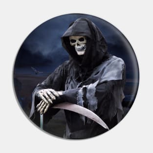 Grim Reaper Scary Goth Halloween Skeleton Man Says No More Living Pin