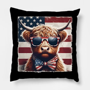 Funny Highland Cow American Flag 4th Of July Pillow