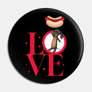 Funny Doxie Dog with hotdog balloons on a Dachshund Love tee Pin