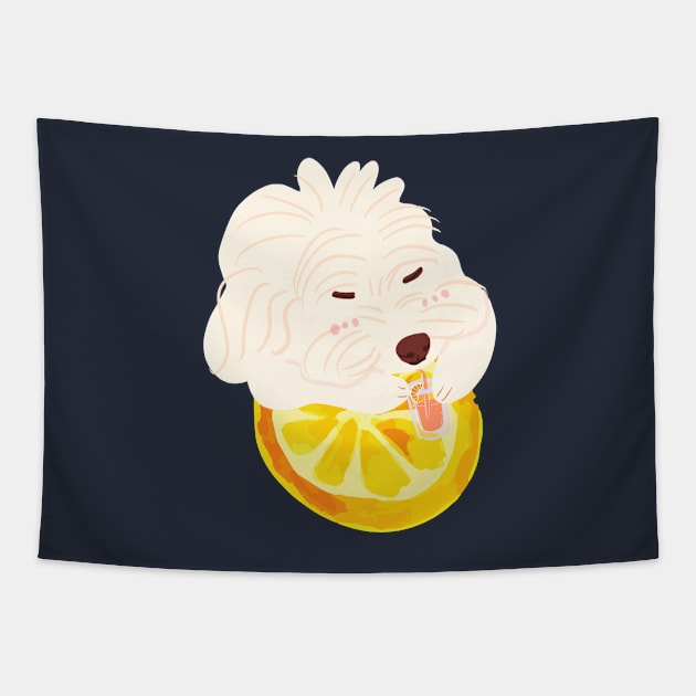 Maltipoo Drinking Orange Juice Tapestry by PatternbyNOK