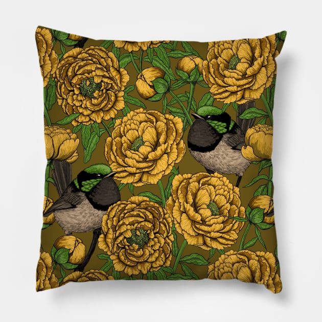 Yellow Peonies and wrens Pillow by katerinamk