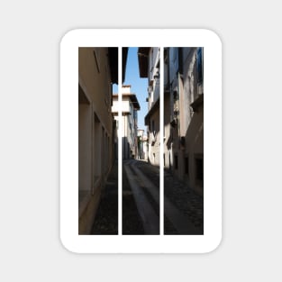 North Italy Life in the center of the lombard medieval city. Walking through narrow streets and walls. Sunny summer day. (vertical) Magnet