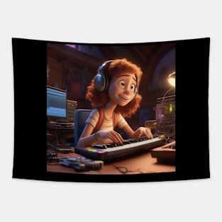 A Female Keyboard Player As A Cartoon Character Tapestry