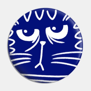 Cute blue and white cat head with grumpy face on blue background Pin