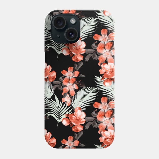 Palm Leaves And Flowers, Red Black Phone Case by Random Galaxy