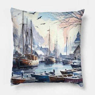 Winter River Boats Pillow