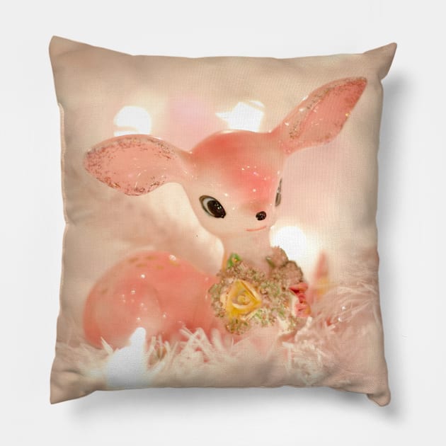 Vintage Pink Deer White Christmas Tree Lights Retro Pillow by Jim N Em Designs