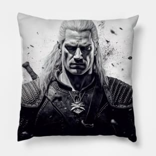 angry witcher with armor on white background Pillow