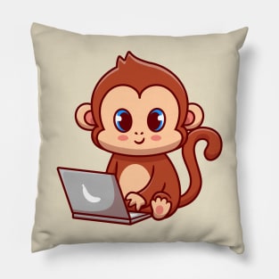 Cute Monkey Working On Laptop Cartoon Pillow