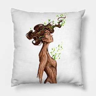 Sprout - Watercolor painting of a wooden girl statue generating new life Pillow