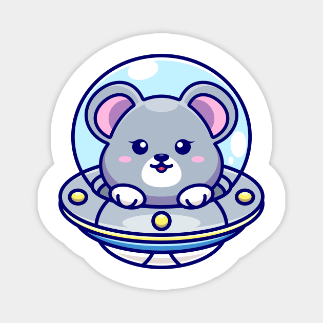 Cute mouse flying with spaceship ufo cartoon Magnet by Wawadzgnstuff