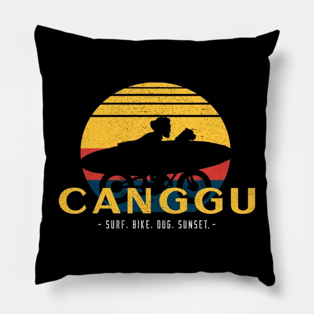 Canggu Bali - surf, bike, dog, sunset Pillow by SashaShuba