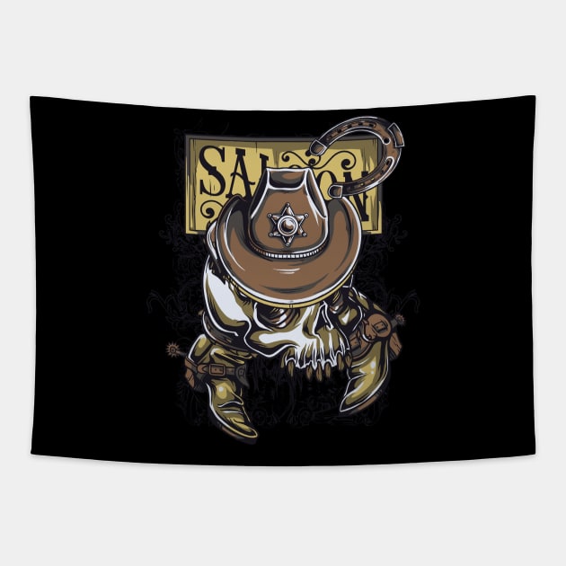 saloon sheriff cowboy skull Tapestry by positivedesigners