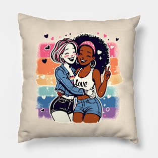 Cute Happy Lesbian Sapphic Whitey Melanin Rainbow Pride Pillow