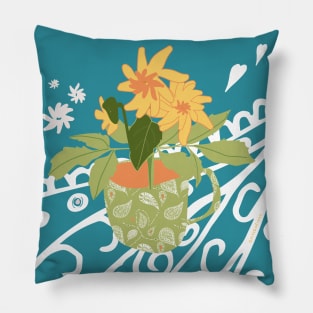 Pot Plant And Paisley On Teal. Pillow