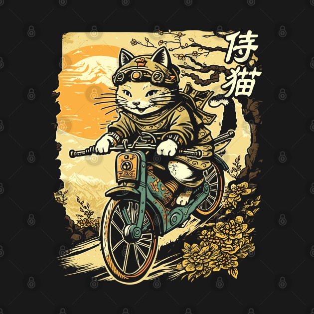 Japanese Samurai Cat on Motorcycle Kawaii Ninja Cat by Apocatnipse Meow