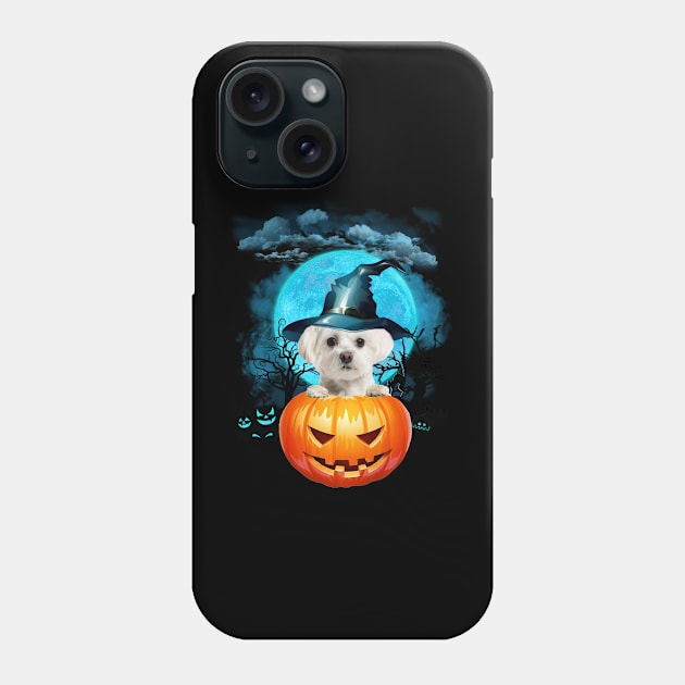 White Maltese Witch Hat Pumpkin And Blue Moon Halloween Phone Case by PlumleelaurineArt