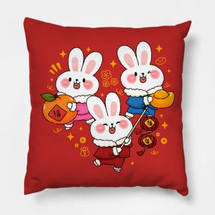 Three Bunnies Celebrate Chinese New Year Pillow