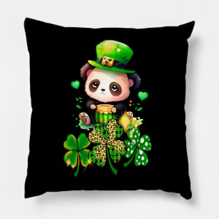 Chibi Panda Adorable St Patrick's Day Bear Lover & Clover Pillow