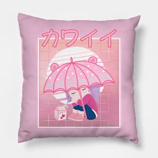90s Japanese Kawaii Sad Girl Pink Japanese Strawberry Milk Pillow