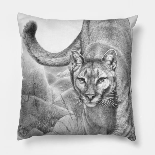 Stealth cougar mountain lion panther drawing Pillow by Mightyfineart