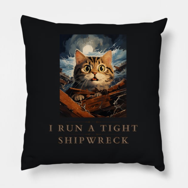 I Run a Tight Shipwreck with Cat Design | Funny Nautical Cat Pillow by KittyStampedeCo
