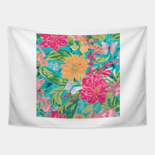 Preppy flowers and butterflies on turquoise Tapestry