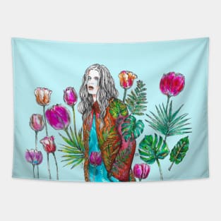 Fashion Illustration - Woman and Tulips. Tapestry