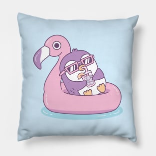 Cute Purple Penguin Chillin On Pink Flamingo Pool Float Pillow