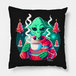 Christmas Funny Alien Drinking Coffee Wearing Sweater Pillow