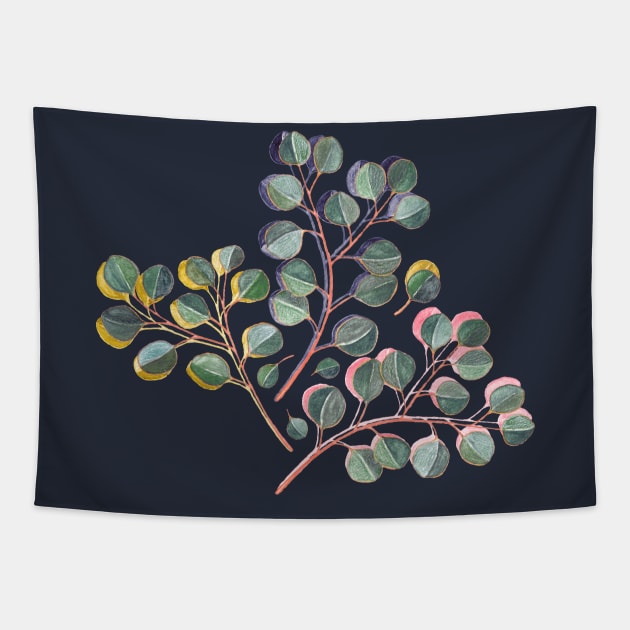 Simple Silver Dollar Eucalyptus Leaves on Navy Blue Tapestry by micklyn