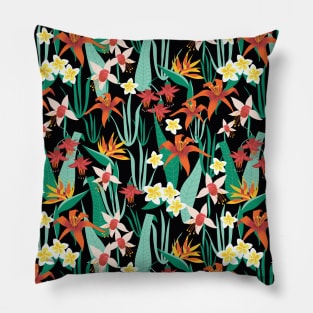 Tropical Flowers Black Pillow