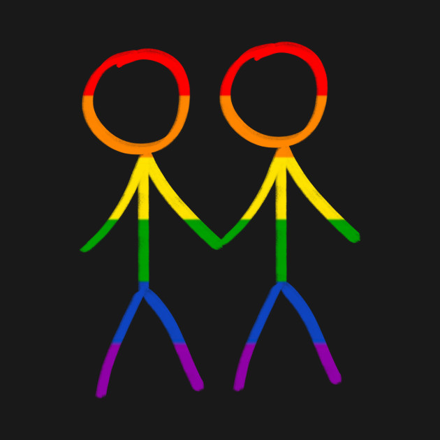 Stick figure drawing of two gay men holding hand, in rainbow colors for pride by WelshDesigns