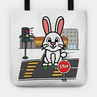 Cute Bunny is skate boarding on the street Tote