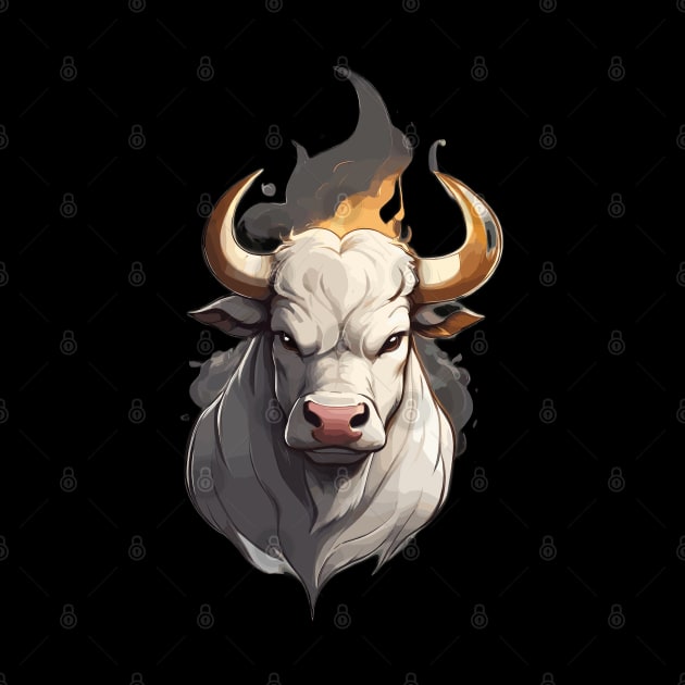 White Farm Bull Head with Horns and Fire by Rossie Designs