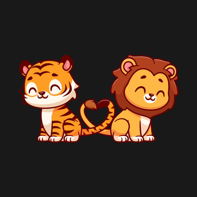 Cute Lion And Tiger Couple With Love Heart Tail Cartoon by Catalyst Labs