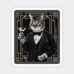 A Confident Cat In A Tuxedo Holding A Martini Glass Magnet