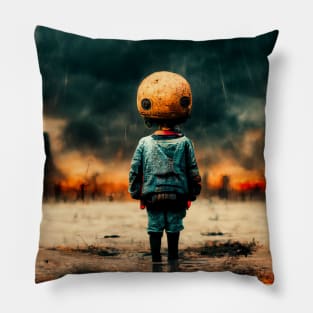 A kid with an orange helmet in a post-apocalyptic world Pillow