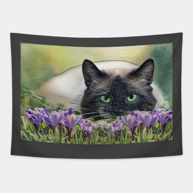 Siamese Cat And Crocus Tapestry by PhotoArts