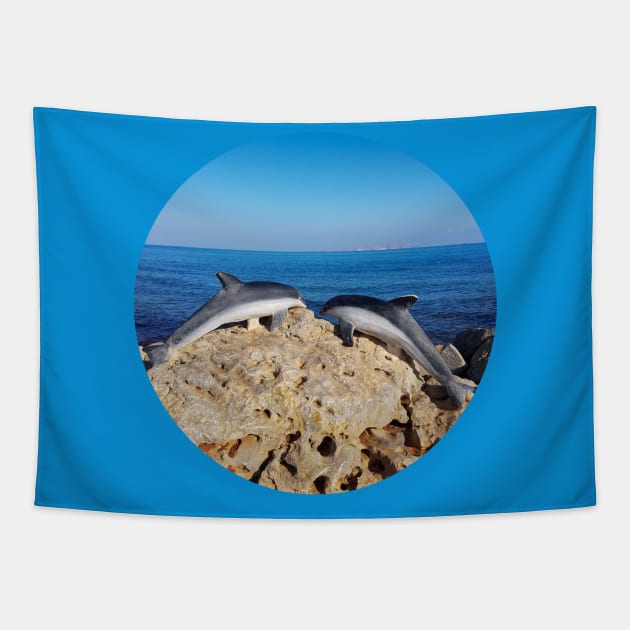 Stoned Dolphins on Vacation Tapestry by ellenhenryart