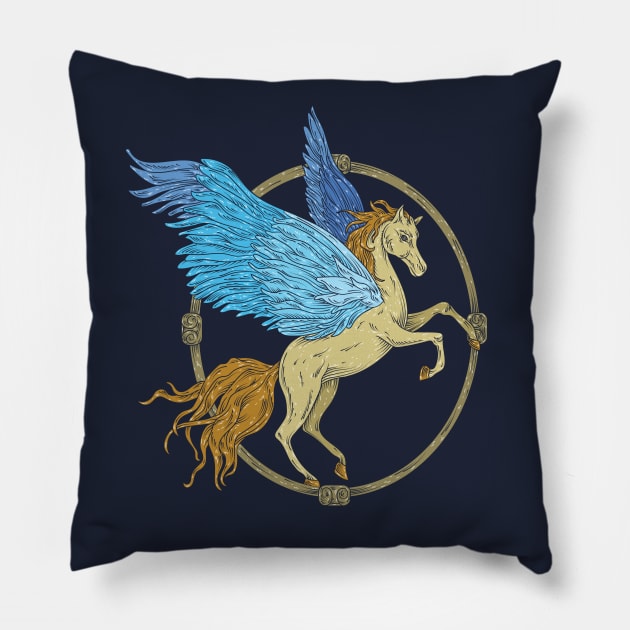 Pegasus with blue wings in a wooden frame Pillow by PinataFoundry