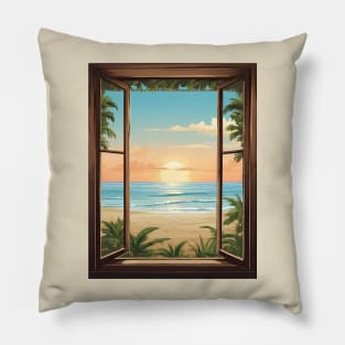 Window Beach Scene Pillow