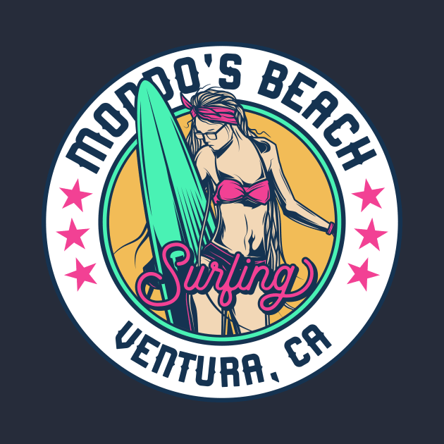 Retro Surfer Babe Badge Mondo's Beach Ventura California by Now Boarding