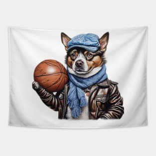 a dog wearing a leather jacket  and a hat holding a basketball ball Tapestry