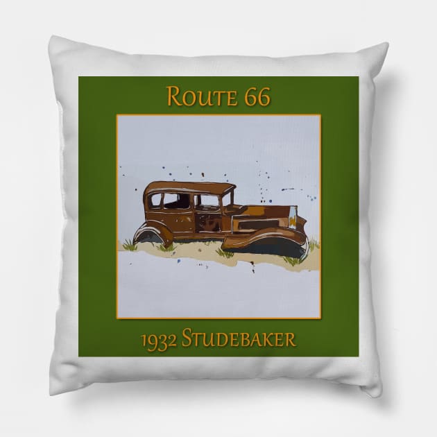 1932 Studebaker on Route 66 in Petroglyph National Park Pillow by WelshDesigns