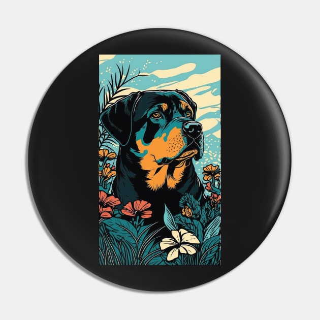 Rottweiler Dog Vibrant Tropical Flower Tall Retro Vintage Digital Pop Art Portrait 2 Pin by ArtHouseFlunky