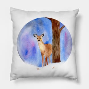 Deer in the Winter Forest Painting Pillow