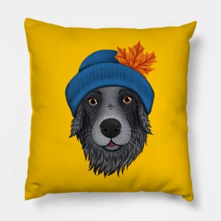 Autumn dog - cozy mood illustration - border collie dog with a hat and a leaf Pillow