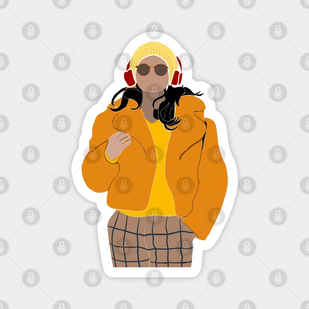 Only Murders In The Building, Mabel Mora Yellow Fur Coat & Red Beats Fan Art Magnet by Blue Moon Barn